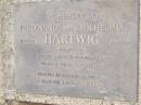 
Ferdinand HARTWIG, died 1906;
Wilhelmine HARTWIG, died 1904;
parents of August, Caroline, Ferdinand, Carl,
Wilhelm, Herman, Wilhelmine;
erected Hartwig Reunion 22-2-1987;
Douglas Lutheran cemetery, Crows Nest Shire
