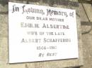 
Emilie Albertine,
wife of late Albert SCHAFFERIUS,
mother,
1866 - 1910;
Douglas Lutheran cemetery, Crows Nest Shire
