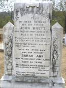 
John BRETZ, husband father,
died 3 June 1921 aged 61 years;
Sarah Ann, mother,
died 5 June 1949 aged 84 years;
Douglas Lutheran cemetery, Crows Nest Shire
