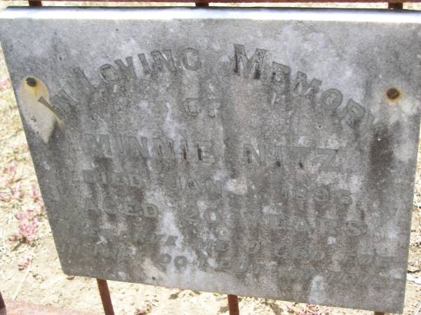 Minnie NITZ,  | died 1 Jan 1896 aged 20 years;  | Douglas Lutheran cemetery, Crows Nest Shire  | 