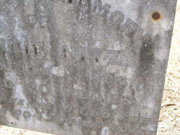 Minnie NITZ,  | died 1 Jan 1896 aged 20 years;  | Douglas Lutheran cemetery, Crows Nest Shire  | 