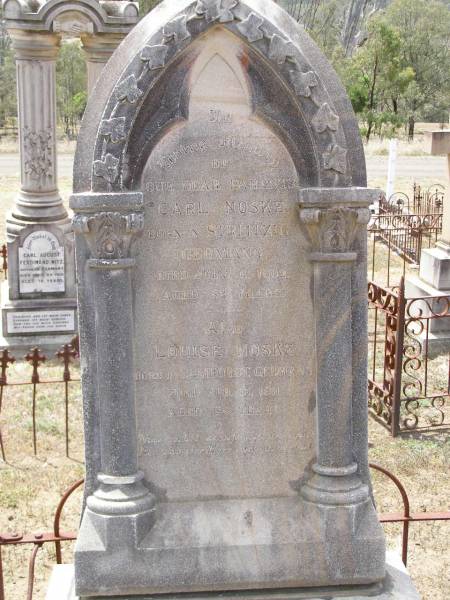 parents;  | Carl NOSKE,  | born in Strlitzig Germany,  | died 6 July 1902 aged 82 years;  | Louise NOSKE,  | born in Zamborst Germany,  | died 15 Feb 1911 aged 88 years;  | Douglas Lutheran cemetery, Crows Nest Shire  | 