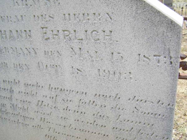 Pauline EHRLICH (nee KRAUSE),  | wife of Johann ERLICH,  | born 13 May 1873 Germany,  | died 18 Oct 1903;  | Douglas Lutheran cemetery, Crows Nest Shire  | 