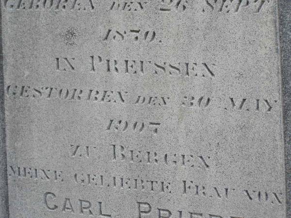 Wilhelmine PRIEBE (nee BRUNWALD),  | born 26 Sept 1870 Prussia,  | died 30 May 1907 Bergen,  | wife of Carl PRIEBE;  | Douglas Lutheran cemetery, Crows Nest Shire  | 