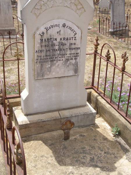 Martin KRAUTZ,  | died 23 Nov 1910 aged 54 years & 3 months;  | Douglas Lutheran cemetery, Crows Nest Shire  | 