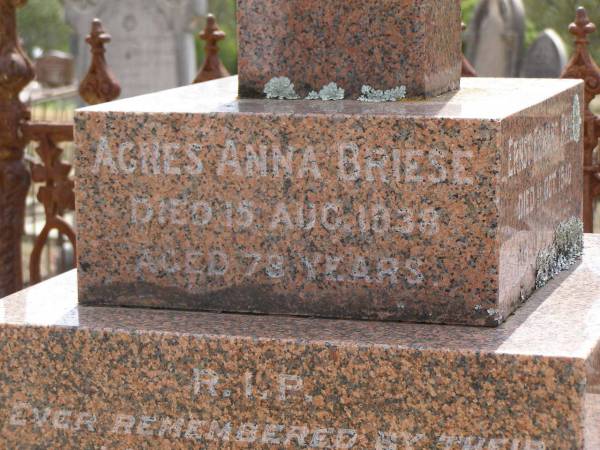 Agnes Anna BRIESE,  | died 15 Aug 1938 aged 78 years;  | Ernst Edward BRIESE,  | died 11 Oct 1940 aged 77 years;  | Ferdinand Julius HARTWIG,  | born 3 Oct 1857  | died 27 Nov 1912;  | Douglas Lutheran cemetery, Crows Nest Shire  | 