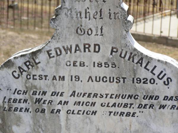 Carl Edward PUKALLUS,  | born 1855 died 19 August 1920;  | Wilhelmine PUKALLUS (nee LANGE),  | born 12 Feb 1860 died 10 March 1923;  | Douglas Lutheran cemetery, Crows Nest Shire  | 