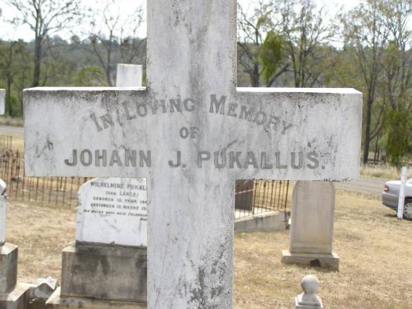 Johann J. PUKALLUS,  | born 2 July 1844  | died 6 Dec 1922 aged 78 years 5 months;  | Louisa PUKALLUS,  | born 11 Nov 1850  | died 19 Sept 1928 in 79th year;  | Douglas Lutheran cemetery, Crows Nest Shire  | 