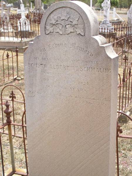 Augusta Albertine SCHMALING,  | born 12 Dec 1876  | died 12 Feb 1924 aged 48 years;  | Douglas Lutheran cemetery, Crows Nest Shire  |   | 
