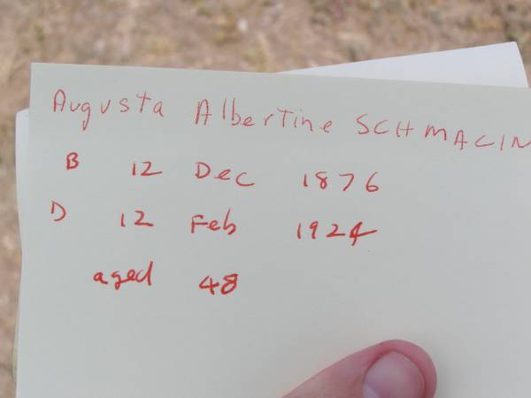 Augusta Albertine SCHMALING,  | born 12 Dec 1876  | died 12 Feb 1924 aged 48 years;  | Douglas Lutheran cemetery, Crows Nest Shire  |   | 