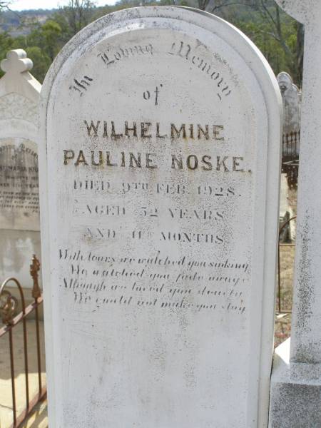 Wilhelmine Pauline NOSKE,  | died 9 Feb 1928 aged 52 years 11 months;  | August NOSKE,  | died 23 Apr 1924 aged 60 years;  | Douglas Lutheran cemetery, Crows Nest Shire  | 