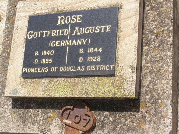 Gottfried ROSE,  | born 1849 dued 1895;  | Auguste ROSE,  | born 1844 died 1928;  | Germany, pioneers of Douglas district;  | Douglas Lutheran cemetery, Crows Nest Shire  | 