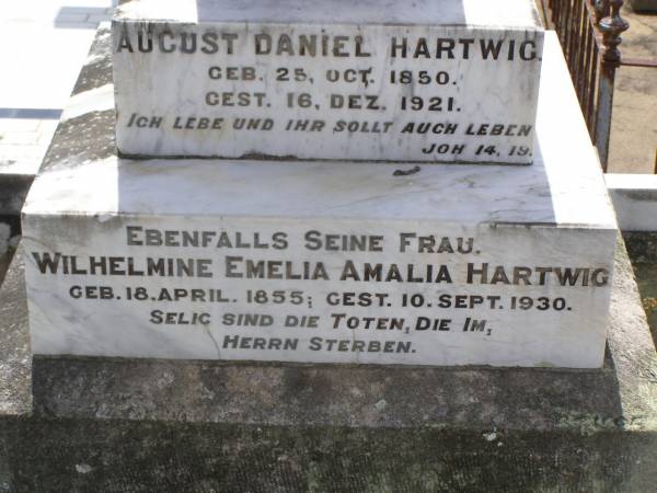 August Daniel HARTWIG,  | born 25 Oct 1850 died 16 Dec 1921;  | Wilhelmine Emelia Amalia HARTWIG, wife,  | born 18 April 1855 died 10 Sept 1930;  | Douglas Lutheran cemetery, Crows Nest Shire  | 