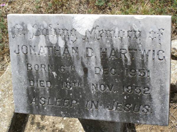 Jonathan D. HARTWIG,  | born 6 Dec 1951 died 18 Nov 1952;  | Douglas Lutheran cemetery, Crows Nest Shire  | 