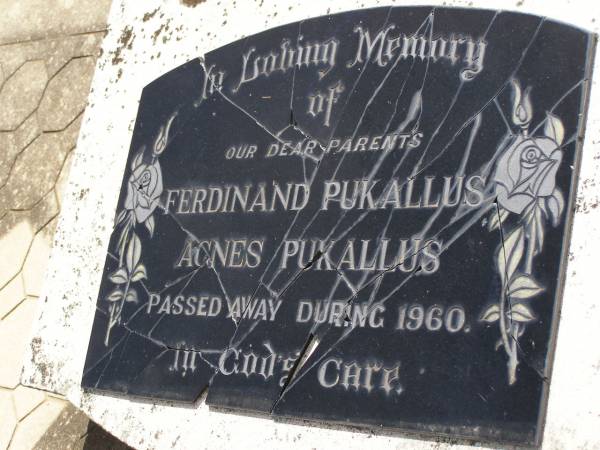 parents;  | Ferdinand PUKALLUS;  | Agnes PUKALLUS,  | died in 1960;  | Douglas Lutheran cemetery, Crows Nest Shire  | 