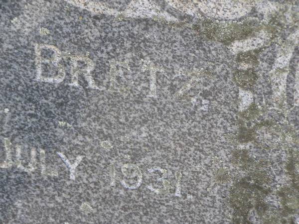 Theodor BRETZ,  | died 12 July 1931 aged 75 years;  | Douglas Lutheran cemetery, Crows Nest Shire  | 