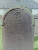 
Alison THOMSON
d: 19 Jul 1875 aged 45 at Lockerbie
wife of David DAVIDSON

David DAVIDSON
d: 1 May 1898 aged 78

daughter
Catherine DAVIDSON
d: 28 Feb 1930

daughter
Elizabeth DAVIDSON
d: 17 Jun 1943

Cemetery of Dryfesdale Parish Church, Lockerbie, Dumfriesshire, Scotland

