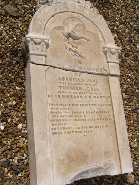Grave of Isabella Jane GALE,  | (wife of Thomas GALE) d: 15 Dec 1886, aged 31 yrs, 6 months  | Old Dubbo cemetery,  | New South Wales  | 
