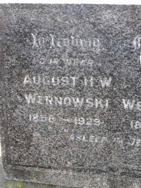 parents;  | August H.W. WERNOWSKI,  | 1858 - 1929;  | Anna C. WERNOWSKI,  | 1858 - 1936;  | Dugandan Trinity Lutheran cemetery, Boonah Shire  | 