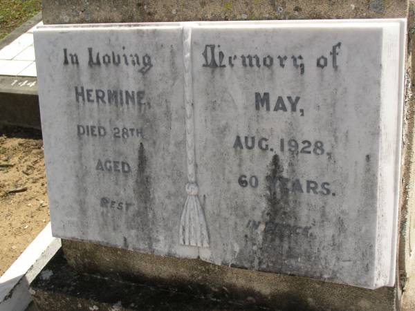 Hermine MAY,  | died 28 Aug 1928 aged 60 years;  | Dugandan Trinity Lutheran cemetery, Boonah Shire  | 