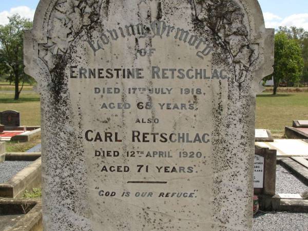 Ernestine RETSCHLAG,  | died 17 July 1918 aged 68 years;  | Carl RETSCHLAG,  | died 12 April 1920 aged 71 years;  | Dugandan Trinity Lutheran cemetery, Boonah Shire  | 