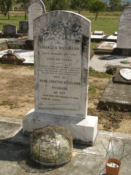 Charles WICKMANN,  | died 16 Aug 1911 aged 69 years;  | Marie Ernstina Wilhelmina WICKMANN,  | wife,  | died 7 Sept 1939 aged 82 years;  | Dugandan Trinity Lutheran cemetery, Boonah Shire  | 