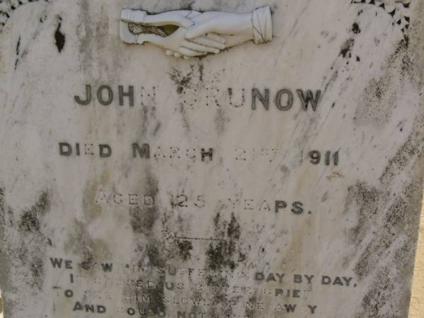 John GRUNOW,  | died 21 March 1911 aged 25 years;  | William F. GRUNOW,  | died 4 FEb 1916 aged 75 years;  | Dugandan Trinity Lutheran cemetery, Boonah Shire  | 