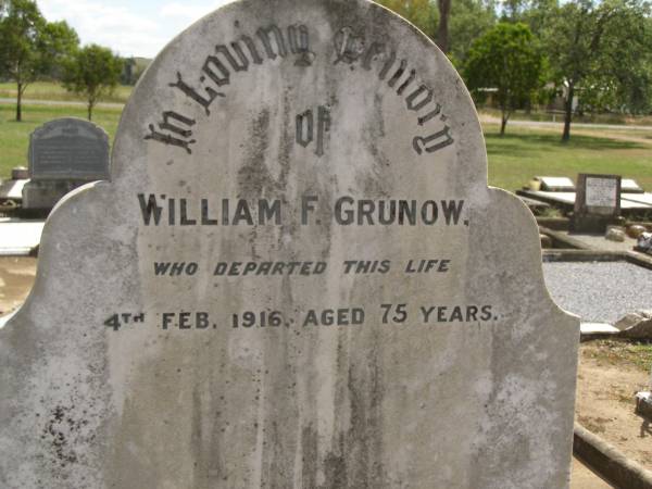 John GRUNOW,  | died 21 March 1911 aged 25 years;  | William F. GRUNOW,  | died 4 FEb 1916 aged 75 years;  | Dugandan Trinity Lutheran cemetery, Boonah Shire  | 