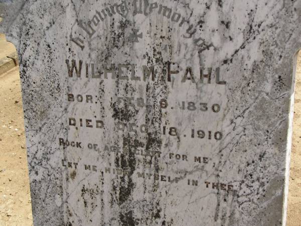 Wilhelm PAHL,  | born 9 Feb 1830,  | died 18 Dec 1910;  | Dugandan Trinity Lutheran cemetery, Boonah Shire  | 