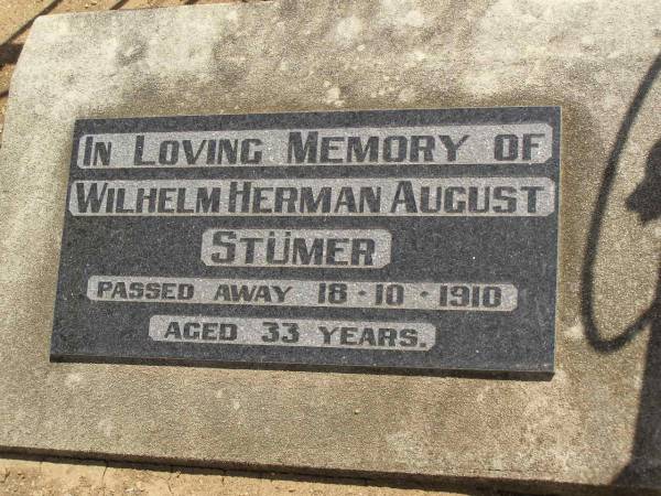 Wilhelm Herman August STUMER,  | died 18-10-1910 aged 33 years;  | Dugandan Trinity Lutheran cemetery, Boonah Shire  | 