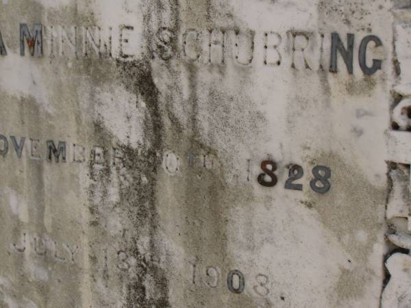 Henrietta Minnie SCHUBRING,  | born 10 Nov 1828,  | died 13 July 1903;  | Dugandan Trinity Lutheran cemetery, Boonah Shire  | 