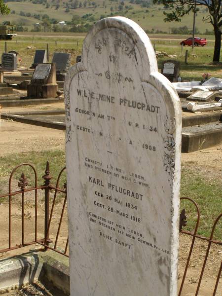 Wilhelmine PFLUGRADT,  | born 7 Jan 1834,  | died 1 March 1908;  | Karl PFLUGRADT,  | born 20 May 1834,  | died 28 March 1916;  | Dugandan Trinity Lutheran cemetery, Boonah Shire  | 