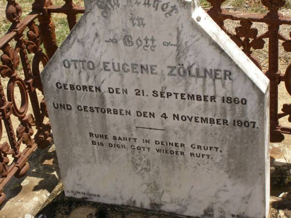 Otto Eugene ZOLLNER,  | born 21 Sept 1860,  | died 4 Nov 1907;  | Dugandan Trinity Lutheran cemetery, Boonah Shire  | 