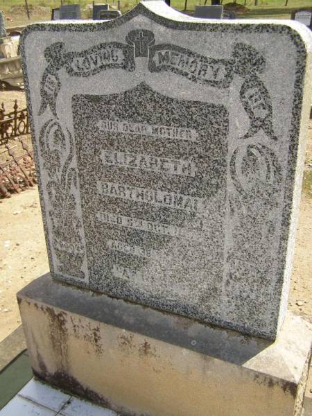 Elizabeth BARTHOLOMAI,  | mother,  | died 5 Oct 1907 aged 38 years;  | Dugandan Trinity Lutheran cemetery, Boonah Shire  | 