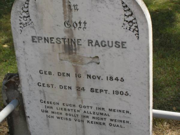 Ernestine RAGUSE,  | born 16 Nov 1845,  | died 24 Sept 1905;  | Dugandan Trinity Lutheran cemetery, Boonah Shire  | 