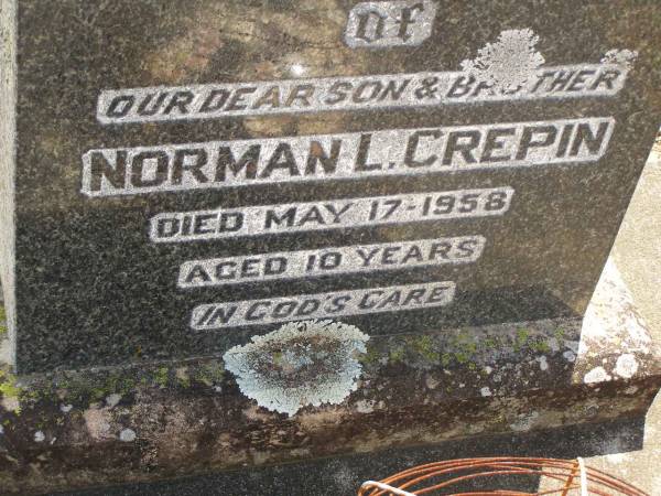 Norman L. CREPIN,  | son brother,  | died 17 May 1958 aged 10 years;  | Dugandan Trinity Lutheran cemetery, Boonah Shire  | 