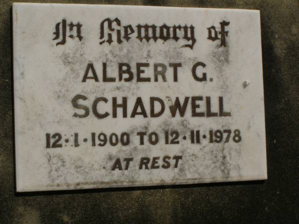 Albert G. SCHADWELL,  | 12-1-1900 - 12-11-1978;  | Dugandan Trinity Lutheran cemetery, Boonah Shire  | 