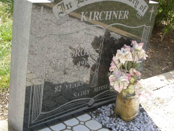 Norman George KIRCHNER,  | born 20-4-1916,  | died 30-11-1998 aged 82 years;  | Dugandan Trinity Lutheran cemetery, Boonah Shire  | 