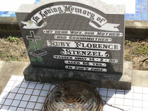 Ruby Florence STENZEL,  | wife mother grandmother,  | died 14-2-80 aged 66 years;  | Dugandan Trinity Lutheran cemetery, Boonah Shire  | 
