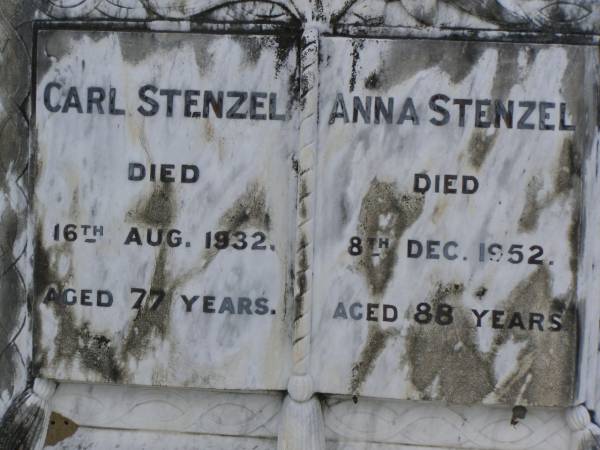 Carl STENZEL,  | died 16 Aug 1932 aged 77 years;  | Anna STENZEL,  | died 8 Dec 1952 aged 88 years;  | Dugandan Trinity Lutheran cemetery, Boonah Shire  | 