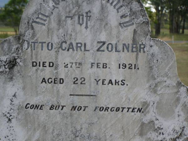 Otto Carl ZOLNER,  | died 27 Feb 1921 aged 22 years;  | Dugandan Trinity Lutheran cemetery, Boonah Shire  | 
