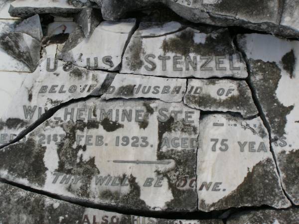 August STENZEL,  | husband of Wilhelmine STENZEL,  | died 21 Feb 1923 aged 75 years;  | Wilhelmine STENZEL,  | died 16 Sep 1938 aged 84 years;  | Dugandan Trinity Lutheran cemetery, Boonah Shire  | 