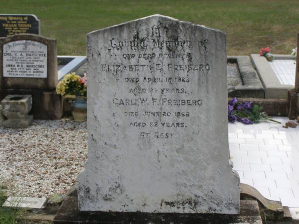 parents;  | Elizabeth E. FREIBERG,  | died 15 April 1923 aged 39 years;  | Carl W. FREIBERG,  | died 20 June 1966 aged 82 years;  | Dugandan Trinity Lutheran cemetery, Boonah Shire  | 