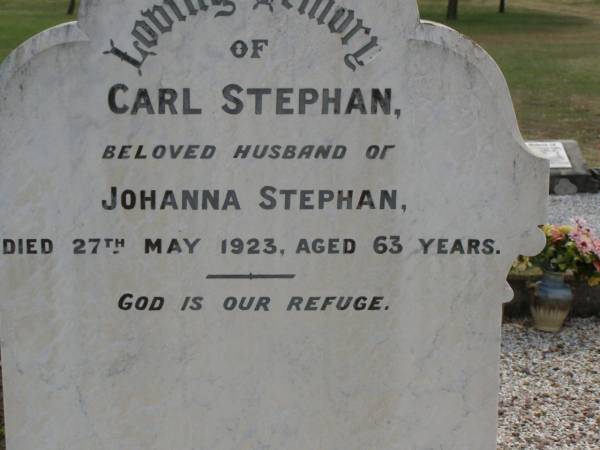 Carl STEPHAN,  | husband of Johanna STEPHAN,  | died 27 May 1923 aged 63 years;  | Dugandan Trinity Lutheran cemetery, Boonah Shire  | 