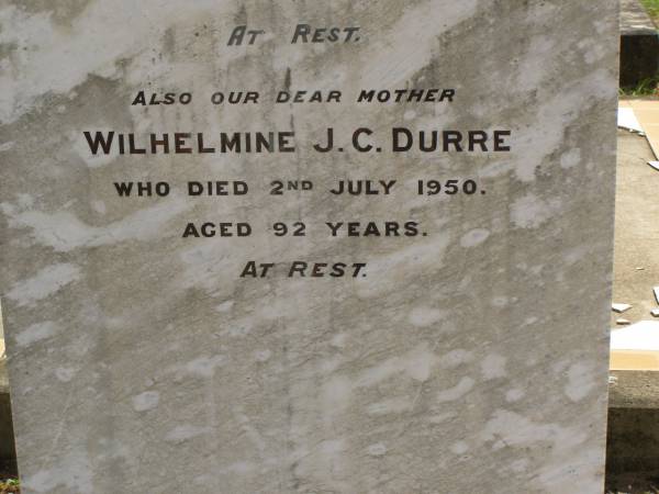 Wilhelm Friedrich August DURRE,  | died 23 Sept 1924 aged 74 years;  | Wilhelmine J.C. DURRE,  | mother,  | died 2 July 1950 aged 92 years;  | Dugandan Trinity Lutheran cemetery, Boonah Shire  | 