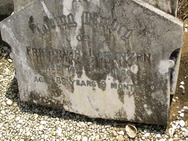 Friedrich LORENZEN,  | died 18 Sept 1926 aged 89 years 9 months;  | Dugandan Trinity Lutheran cemetery, Boonah Shire  | 