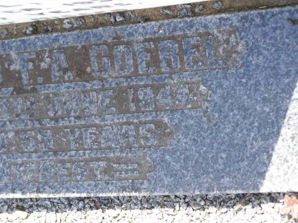 Esther Marie GOEBEL,  | died 29 Feb 1932 aged 17 years;  | Wilhelm F.A. GOEBEL,  | died 29 June 1944 aged 59 years;  | Dugandan Trinity Lutheran cemetery, Boonah Shire  | 