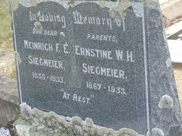 parents;  | Heinrich F.E. SIEGMEIER,  | 1855 - 1933;  | Ernstine W.H. SIEGMEIER,  | 1867 - 1933;  | Dugandan Trinity Lutheran cemetery, Boonah Shire  | 