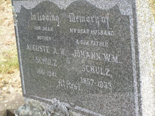 Auguste A.W. SCHULZ,  | mother,  | 1861 - 1941;  | Johann W.M. SCHULZ,  | husband father,  | 1857 - 1933;  | Dugandan Trinity Lutheran cemetery, Boonah Shire  | 