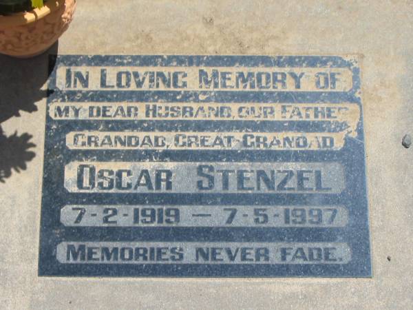 Oscan STENZEL,  | husband father grandad great-grandad,  | 7-2-1919 - 7-5-1997;  | Dugandan Trinity Lutheran cemetery, Boonah Shire  | 